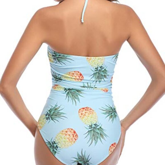 TEMPT ME YELLOW PINEAPPLE BLUE CUT-OUT HALTER MONOKINI SWIMSUIT SIZE SMALL NWT - Picture 2 of 8